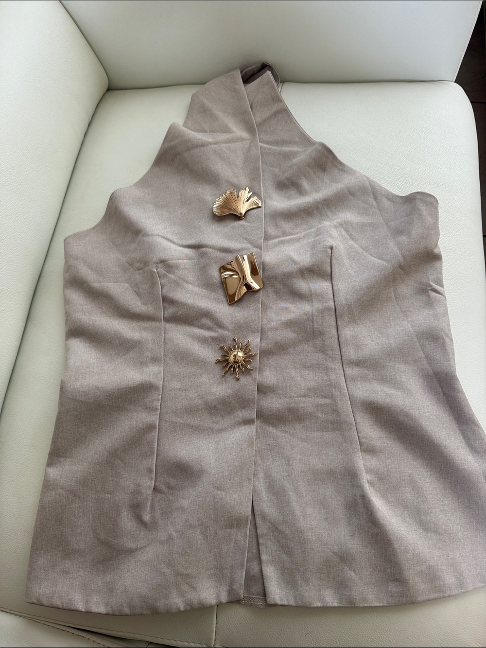Sleeveless Tailored Vest in Taupe with Gold Accent Buttons